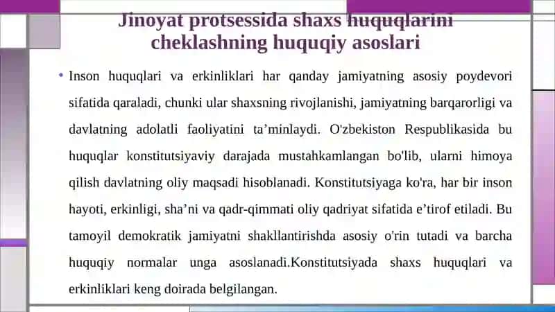 Jinoyat PROTSESSIDA SHAXS HUQUQLARINI CHEKLASH ASOSLARI VA CHEGARALARI 4