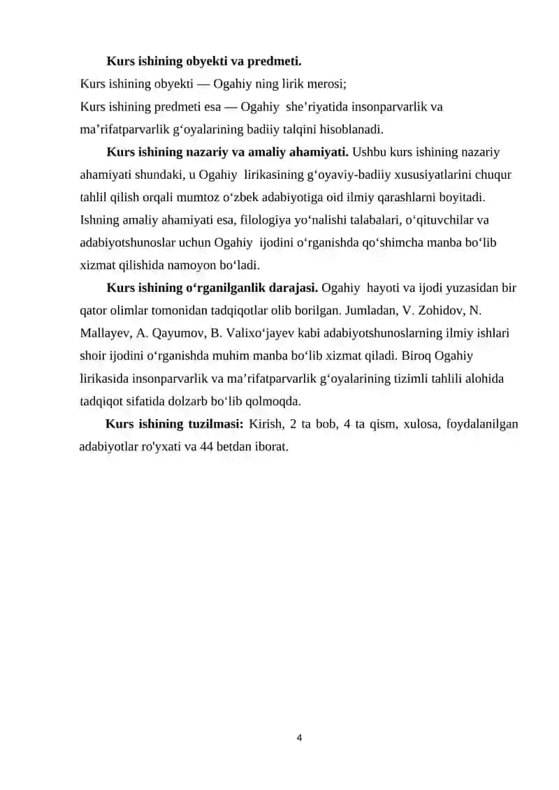 Ogahiy lirikasida insonparvarlik, marifatparvarlik gʻoyalari talqini. 4
