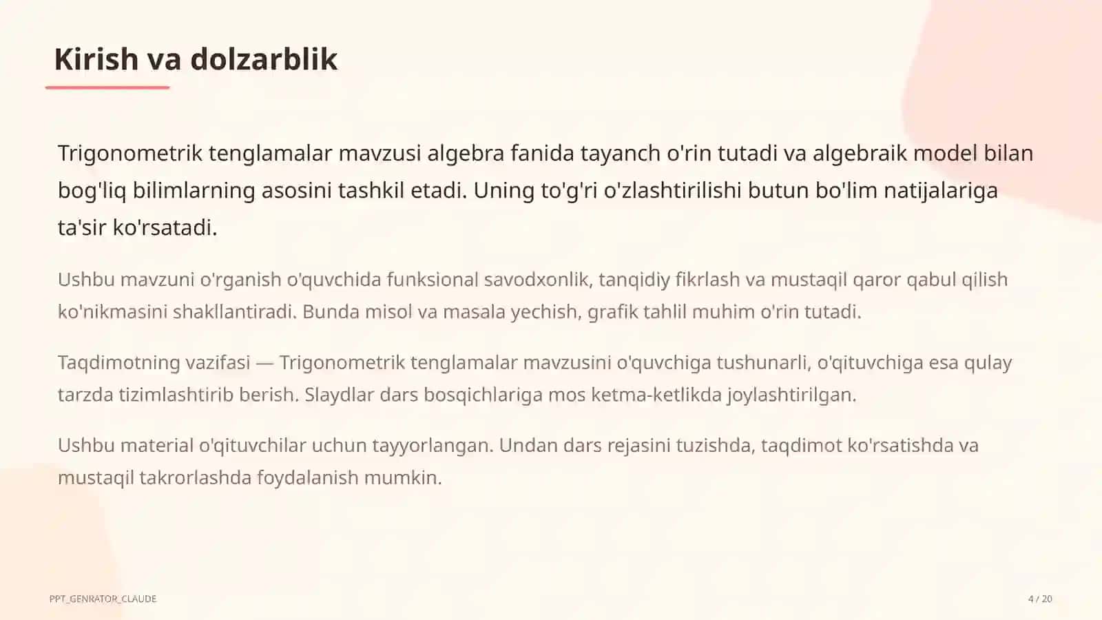 Trigonometrik tenglamalar (10-sinf) 4