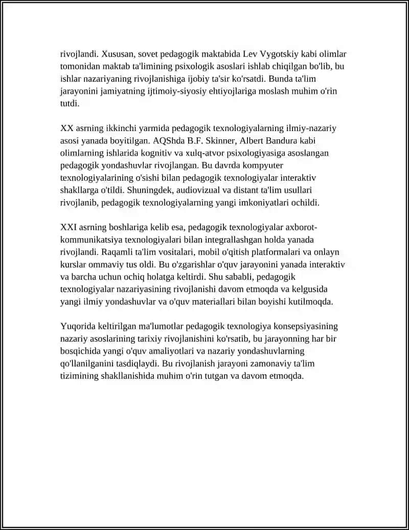 PEDAGOGIK TEXNOLOGIYA KONSEPSIYASINING RIVOJLANISH TARIXI MUSTAQIL ISH 4