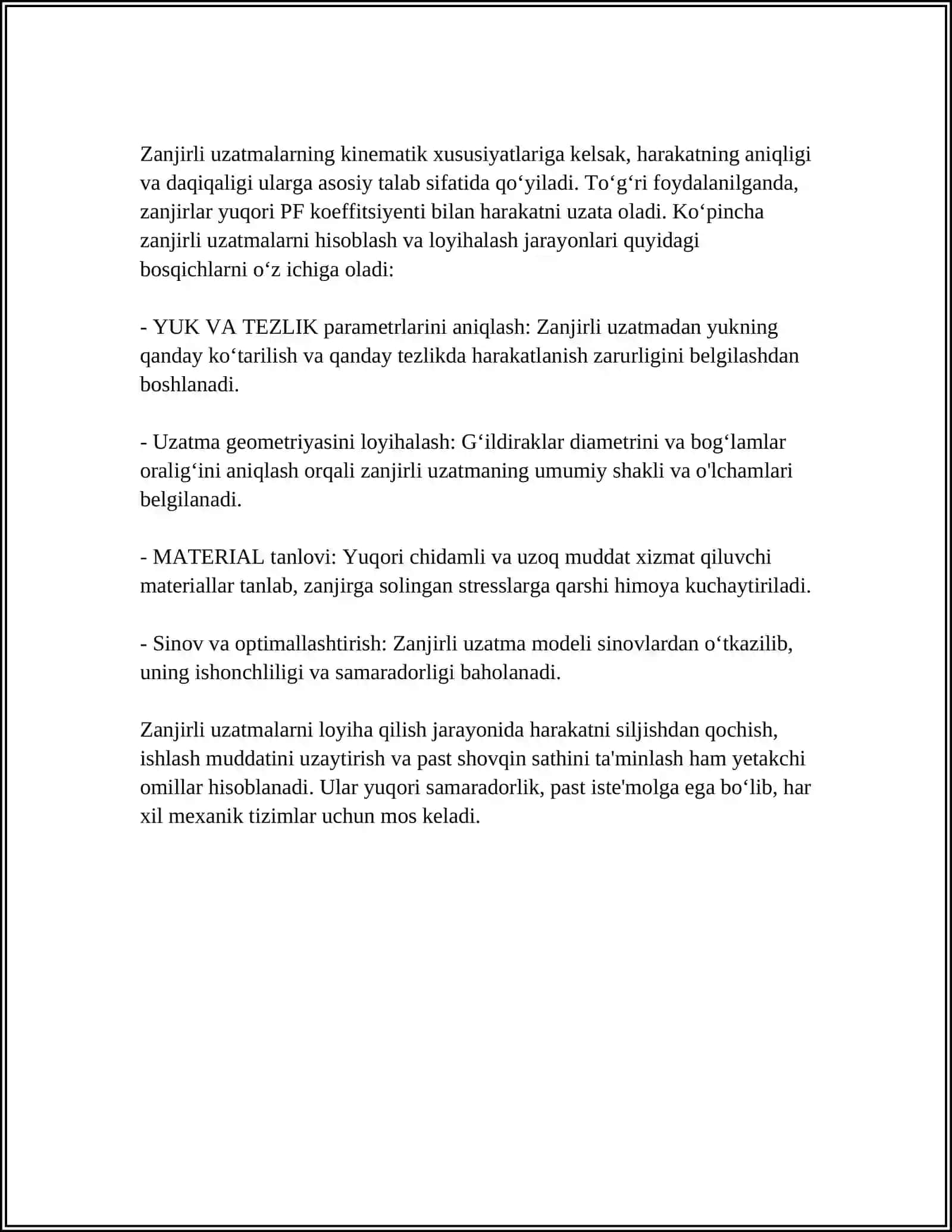 ZANJIRLI UZATMALAR. UZATMANING GEOMETRIYASI VA KINEMATIKASI, HISOBLASH VA LOYIHALASH ASOSLARI 4