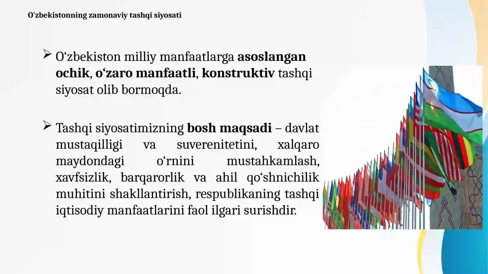 O’zbekiston Respublikasining zamonaviy tashqi siyosati 4