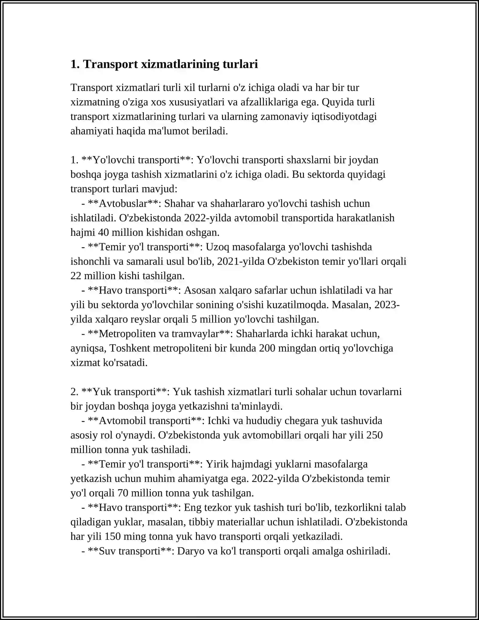 TURIZM SOHASIDA TRANSPORT XIZMATLARINING TASNIFLANISHI 4