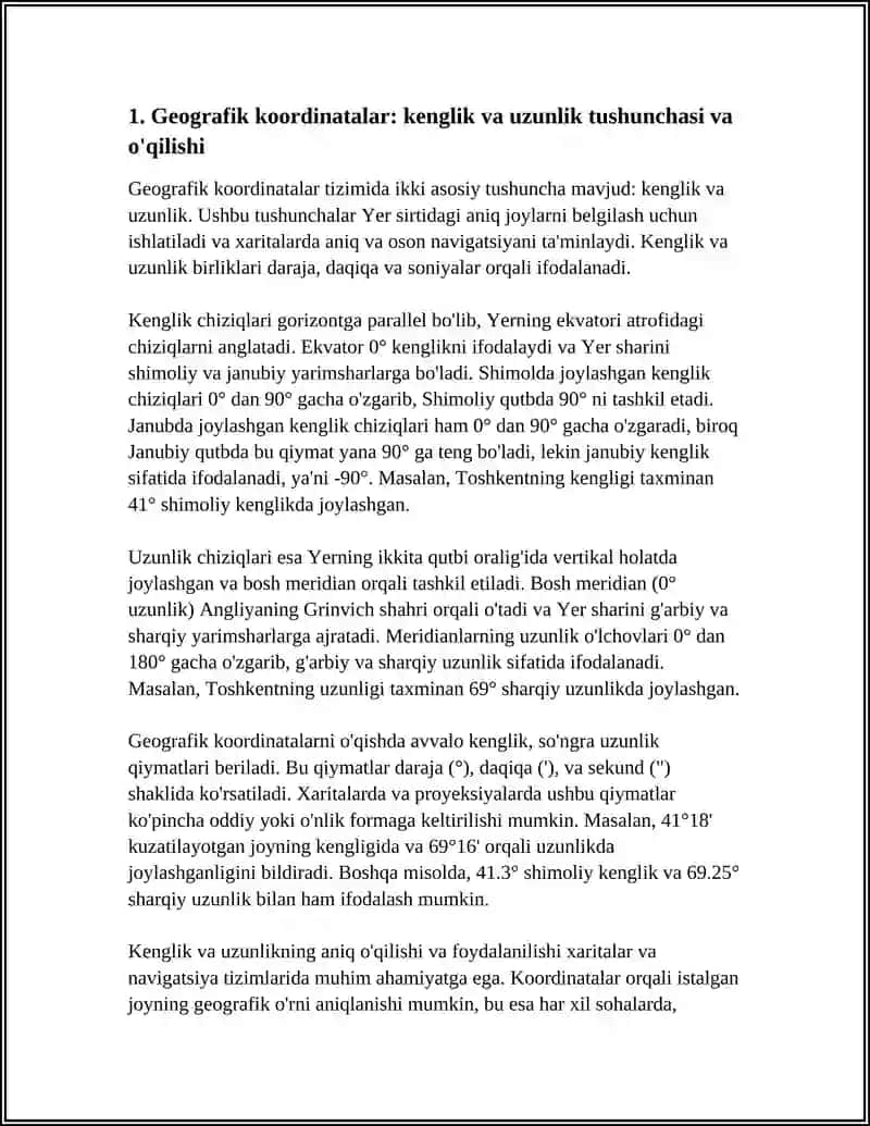 KOORDINATALAR VA PROYEKTSIYALAR: XARITALARDA ISHLATILADIGAN GEOGRAFIK KOORDINATALAR VA PROYEKTSIYALARNING O'QILISHI VA ISHLATILISHI 4