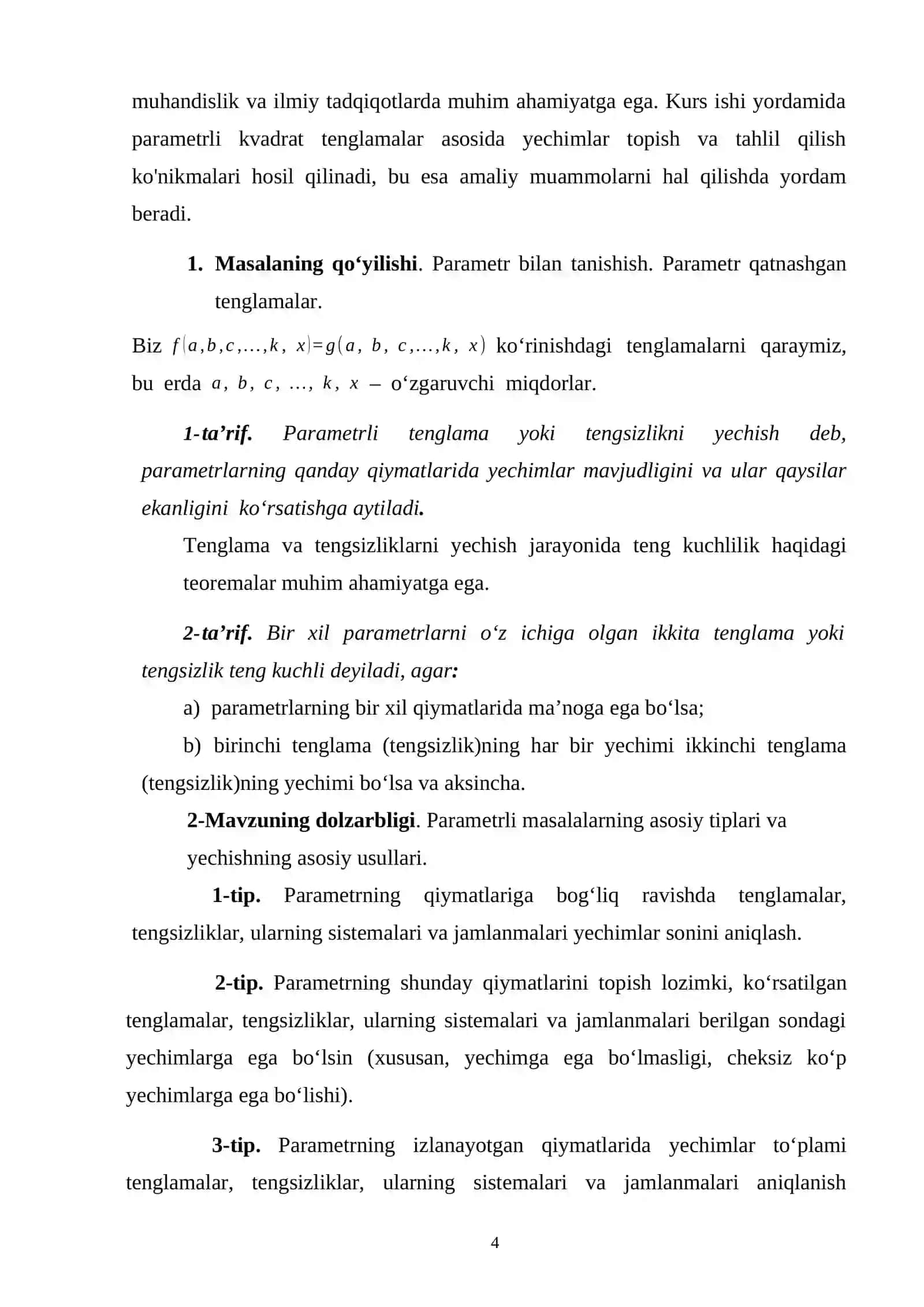 PARAMETRLI KVADRAT TENGLAMALAR MAVZUSINI ÒQITISH KURS ISHI 4