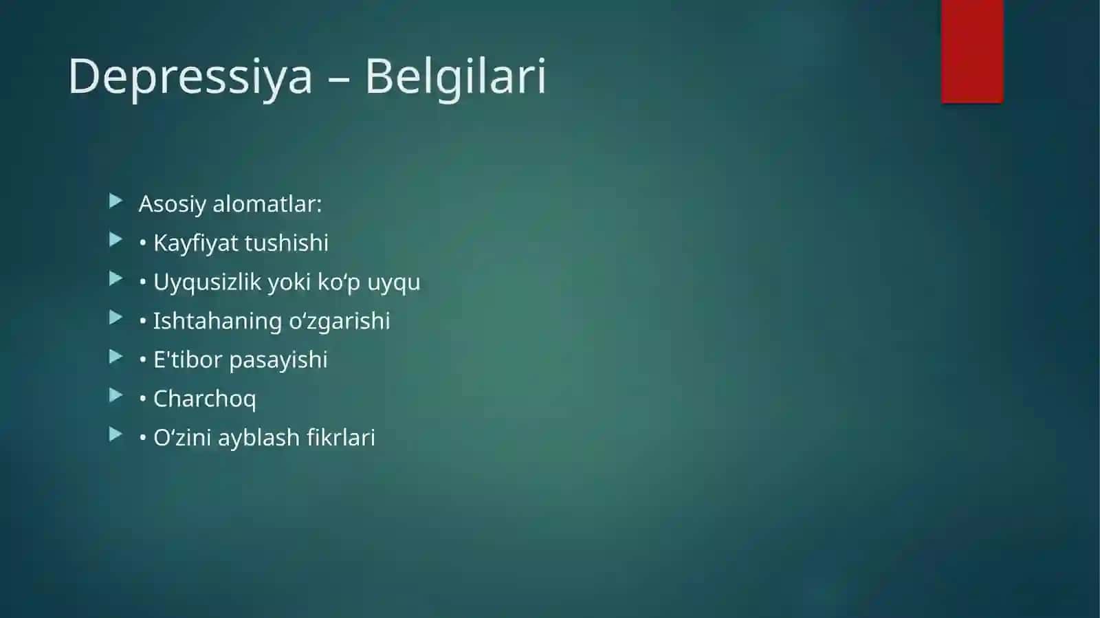 Bemorlarning ruhiy holati "Depressiya, shok, suitsidal fikrlash 4