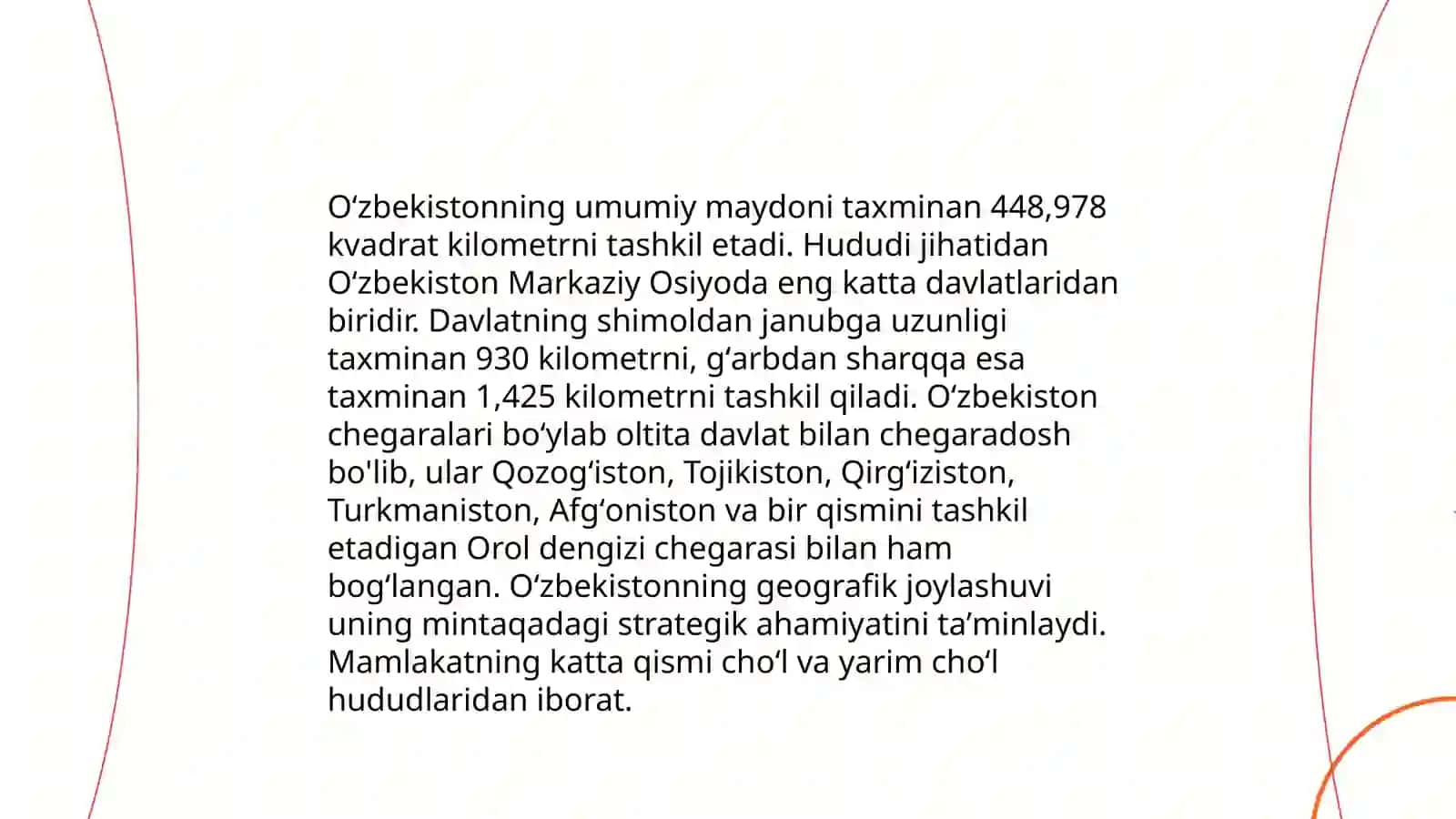 O'zbekiston Respublikasining Geografik o'rni, Maydoni, chegaralari 4