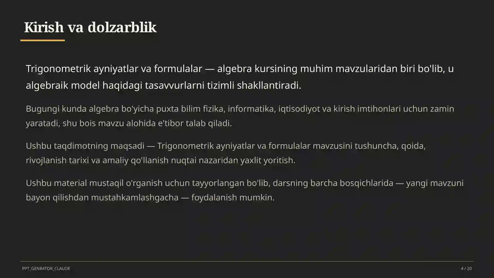 Trigonometrik ayniyatlar va formulalar (10-sinf) 4