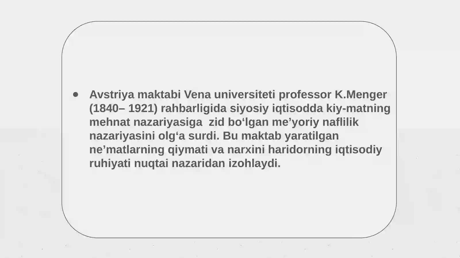 Avstriya maktabi - iqtisodiy nazariyada 19-asrning 80-yillarida Avstriyada vujudga kelgan yoʻnalish 4