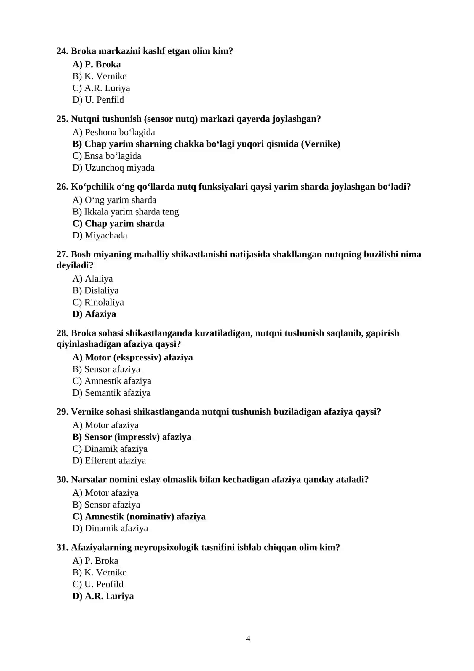 NUTQ PSIXOLOGIYASI DAN 100 TA TEST SAVOLLARI JAVOBLARI BILAN 4