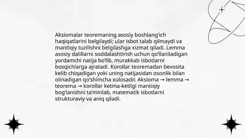 Teoremaning tuzilishi va turlari Matematik isbotlash usullari tòģri va notòģri muhokamalar 4