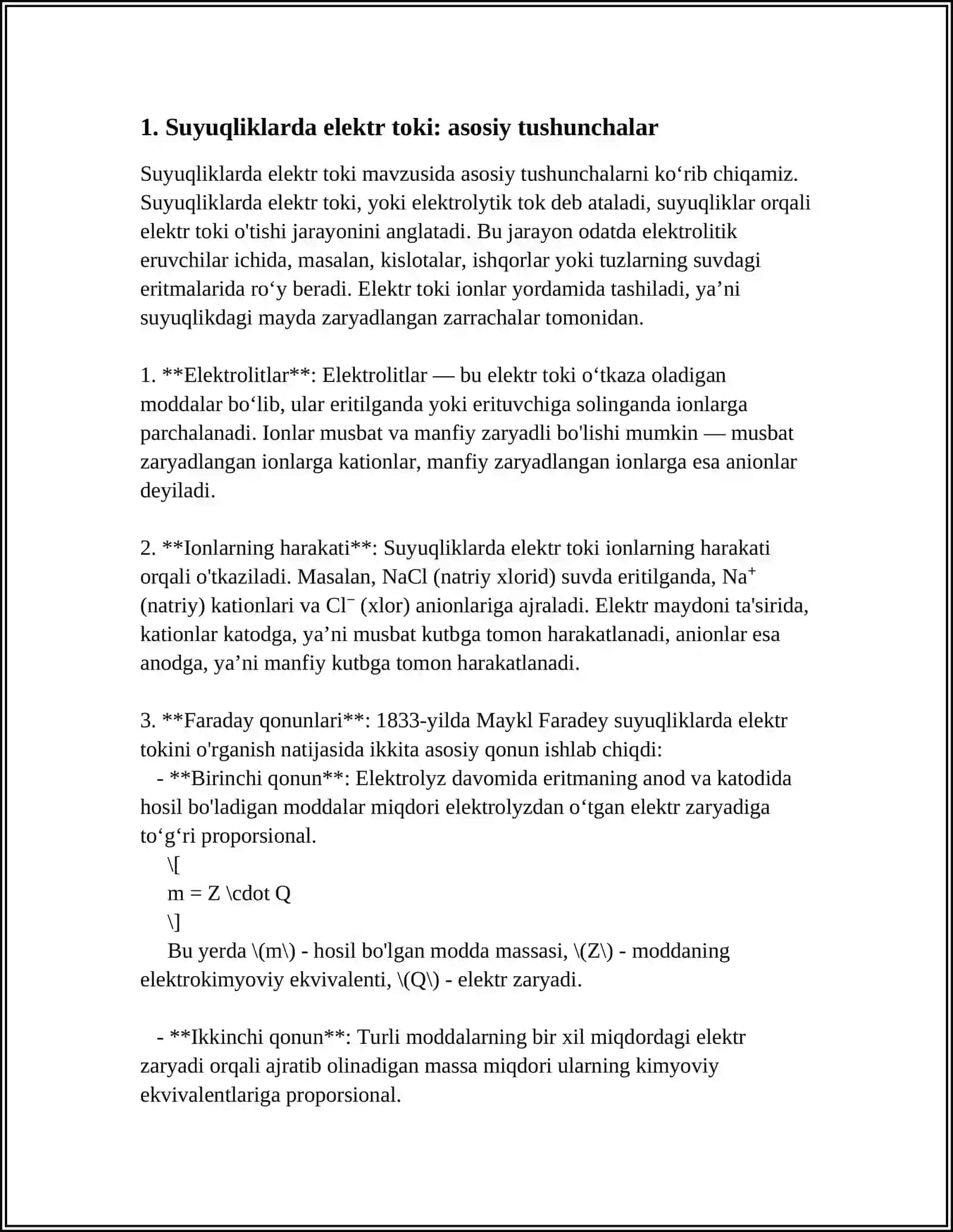 SUYUQLIKLARDA ELEKTR TOKI. FARADEY QONUNLARI. YARIM O'TKAZGICHLAR 4