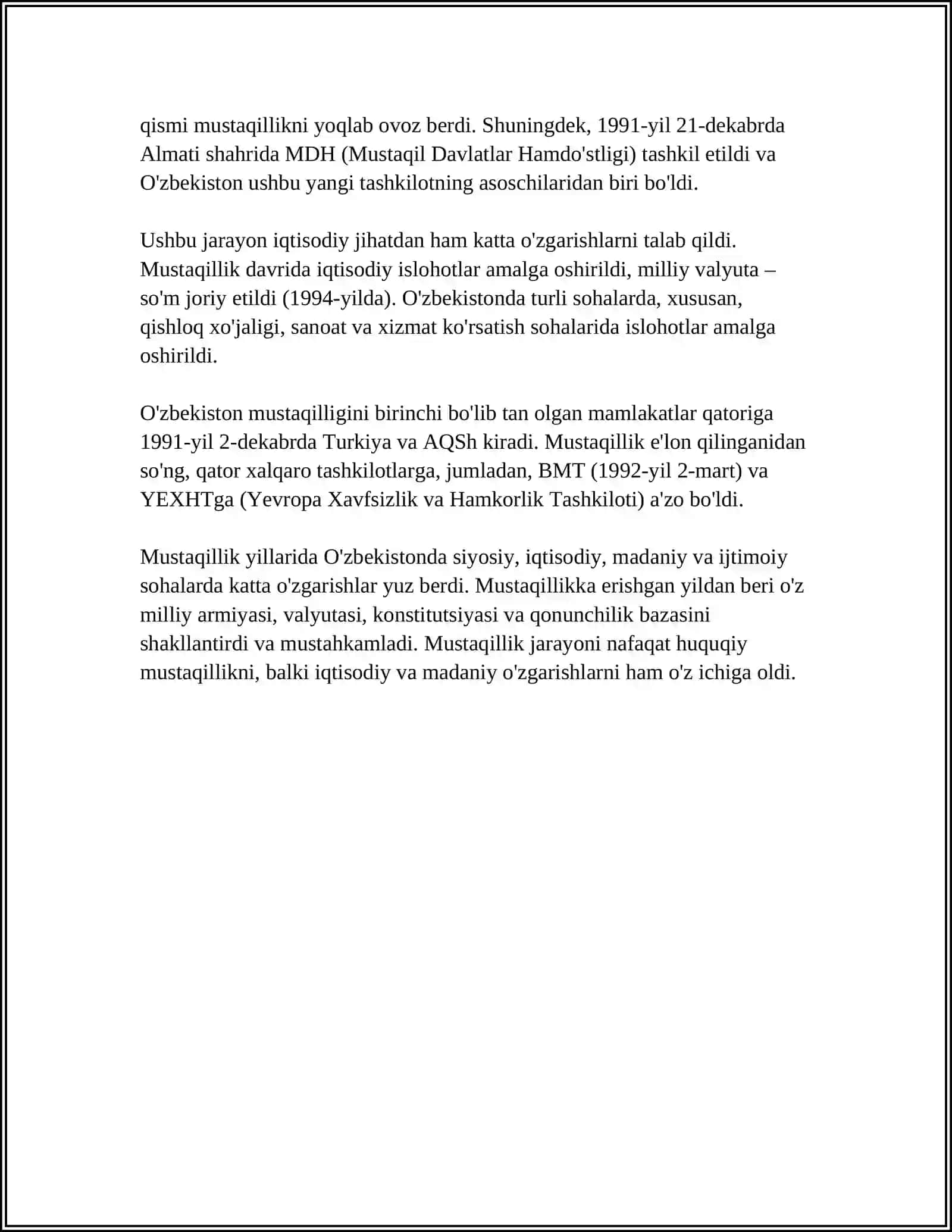 MUSTAQIL OʻZBEKISTON RESPUBLIKASINING TASHKIL TOPISHI VA RIVOJLANISHI 4