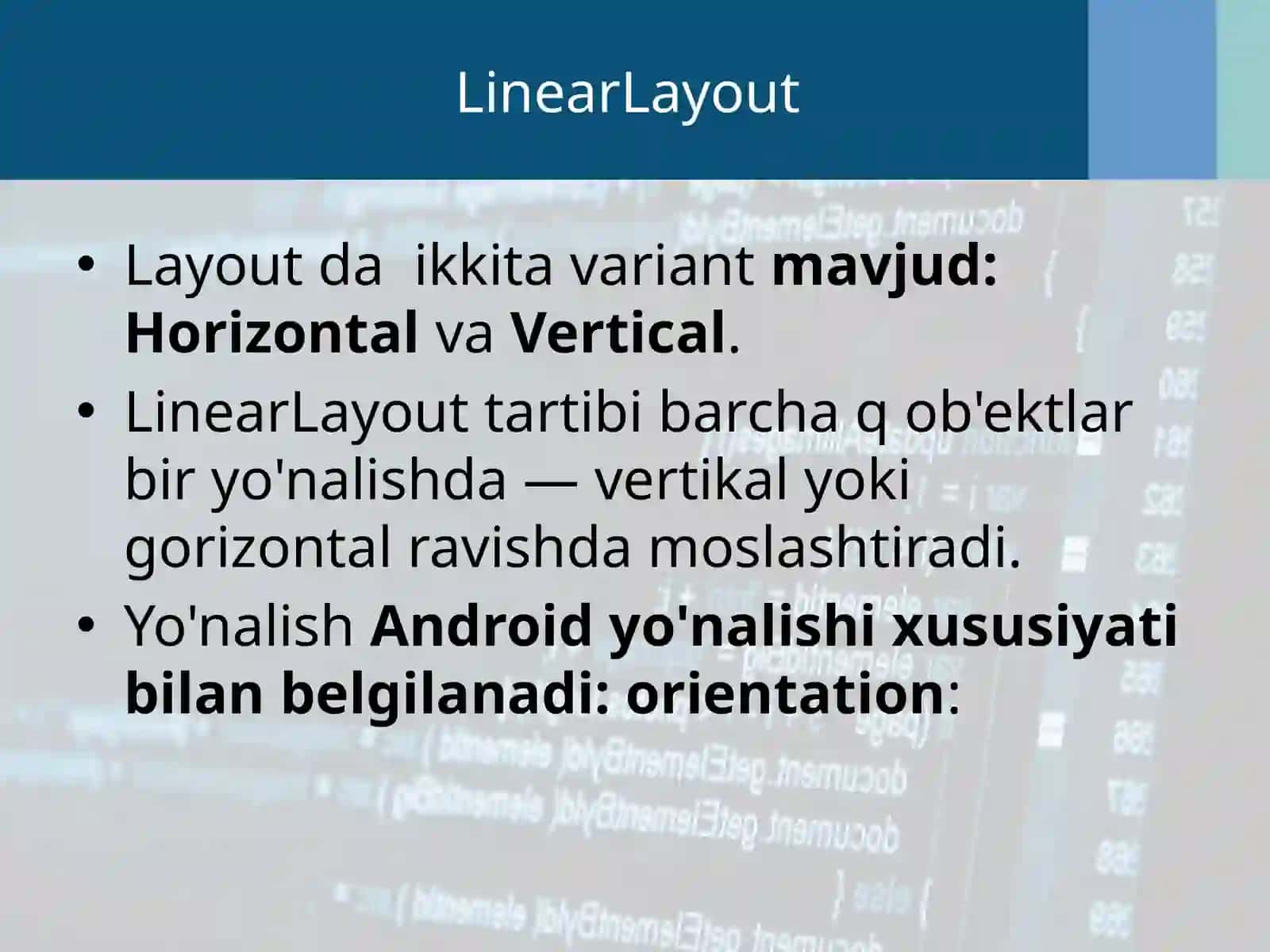 Flutter Android Studioda asosiy komponentalar bilan ishlash Layout, Table, ListView, Grid, List va boshqalar.pptx 4