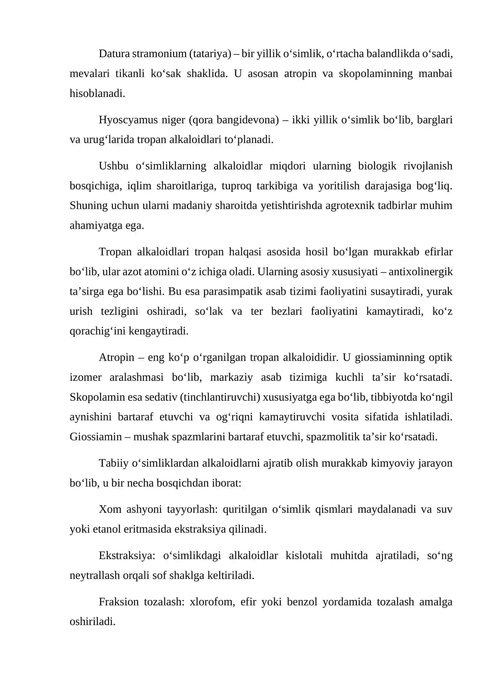 Tropan alkaloidi saqlovchi o'simliklar oʻrganish va ularni sintezi 4