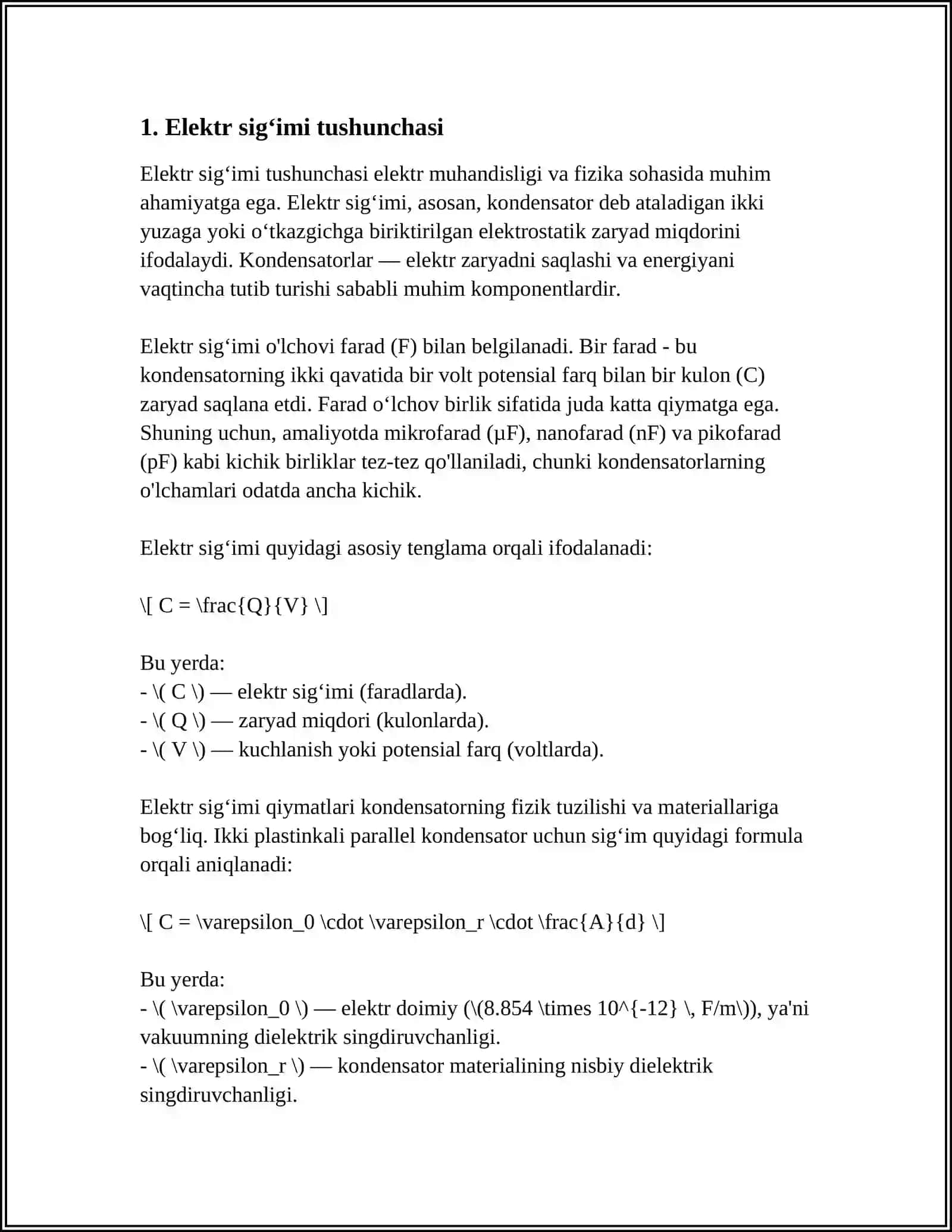 Elektr Sigʻimi. Kondensatorlar 4