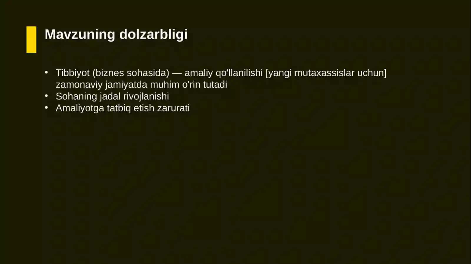 Tibbiyot (biznes sohasida) — amaliy qo'llanilishi [yangi mutaxassislar uchun] 4