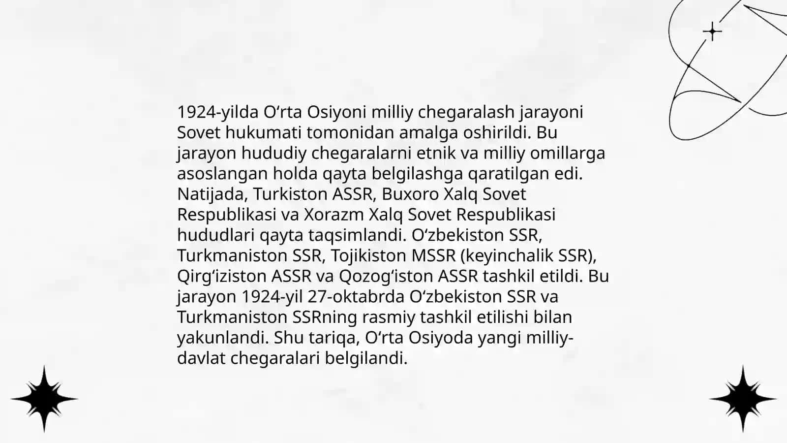 Oʻrta Osiyo hududiy chegaralanish O'zbekiston SSR ni tashkil topishi 4
