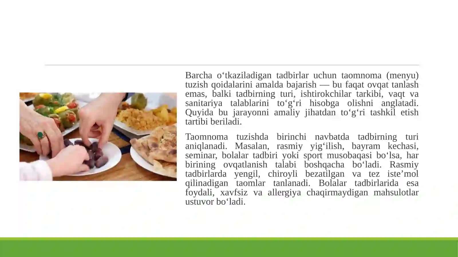 Barcha o‘tkazilgan tadbirlarga mo'ljallangan taomnomani tuzish qoidalarini amalda bajarish 4