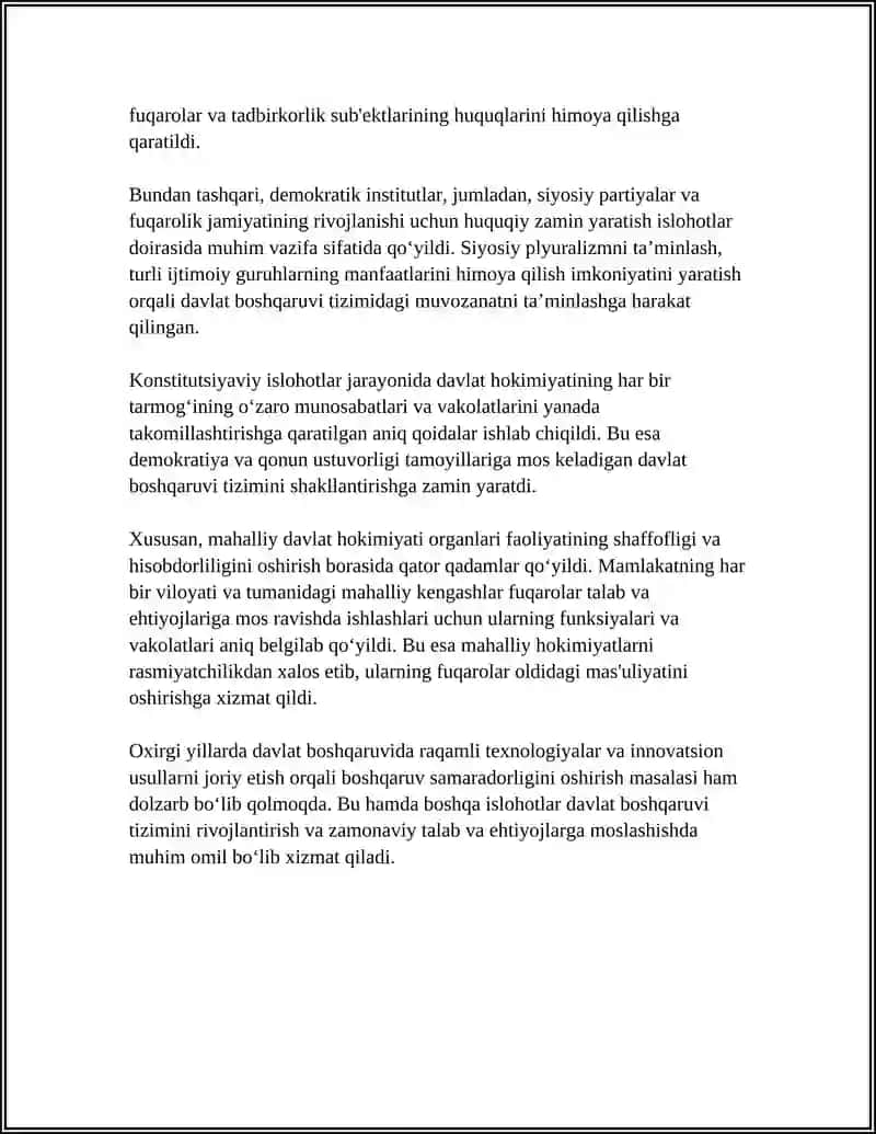 MUSTAQILLIK YILLARIDA DAVLAT BOSHQARUVI TIZIMIDA AMALGA OSHIRILGAN ISLOHOTLAR 4