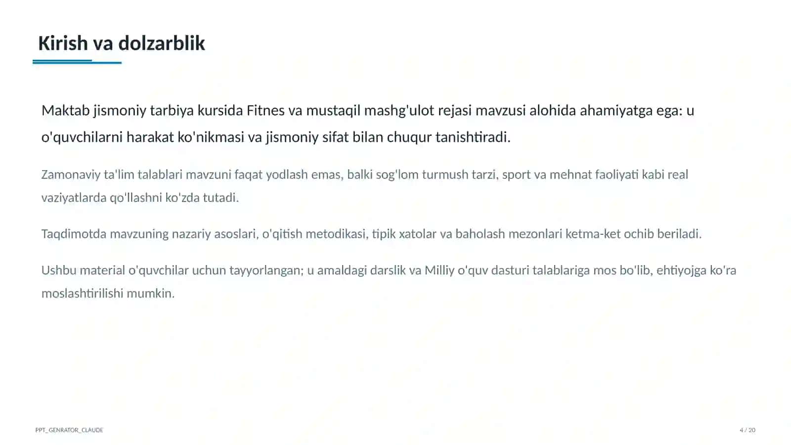 Fitnes va mustaqil mashg'ulot rejasi (11-sinf) 4