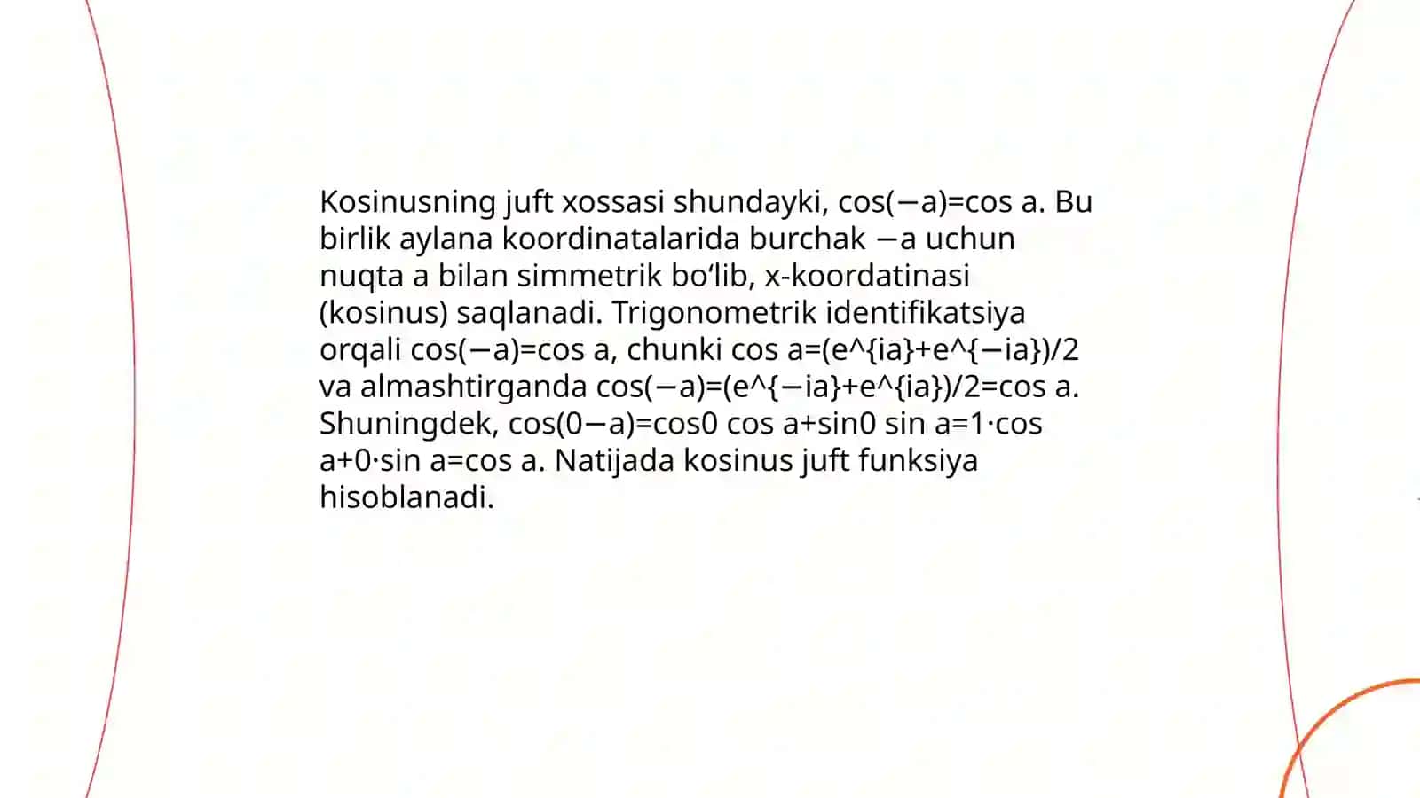 Mavzu: a va -a burchaklarning sinusi kosinusi tangensi va kotangensi 4