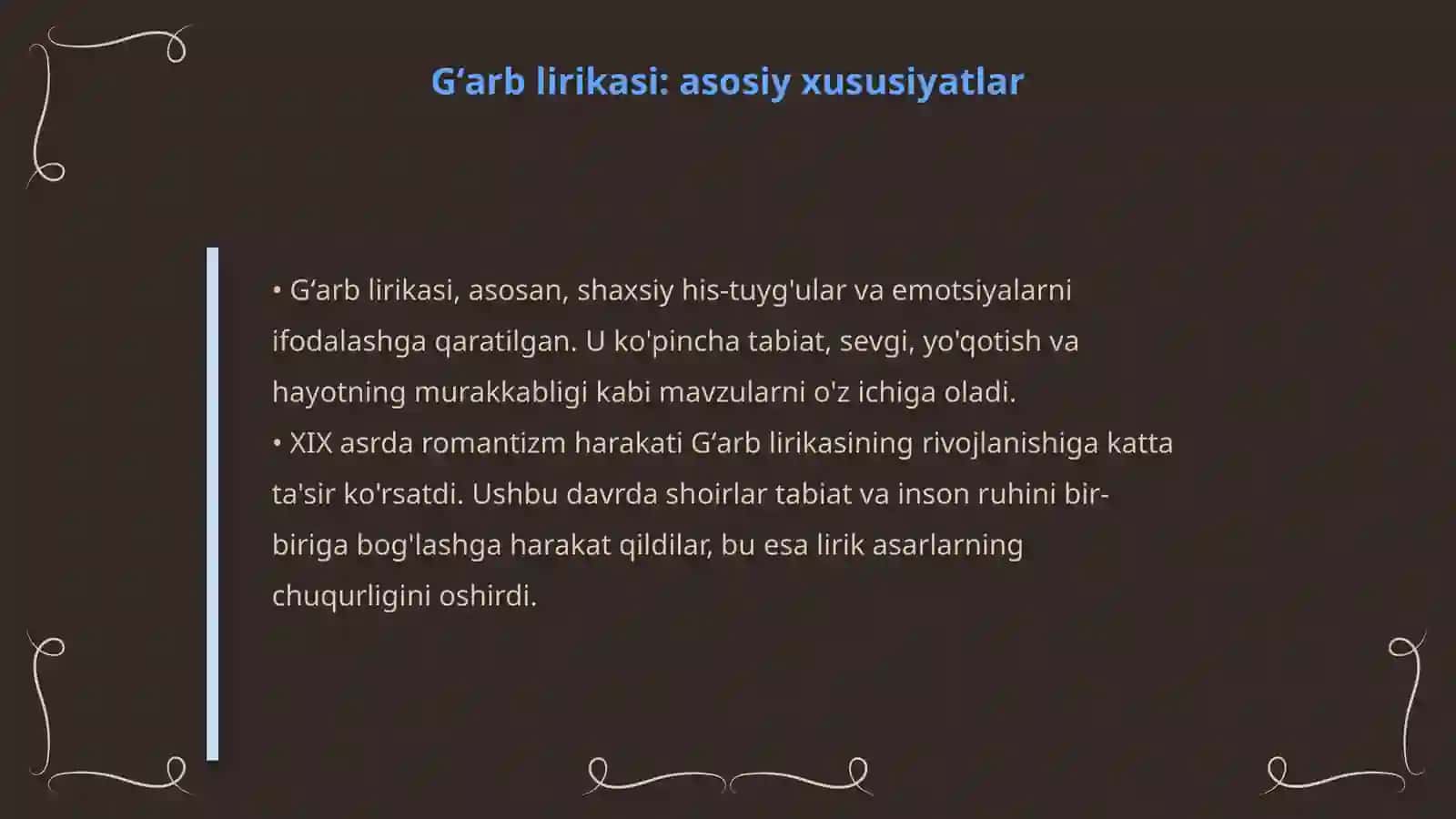 Lirik tur: Gʻarb hamda Sharq lirikasi 4