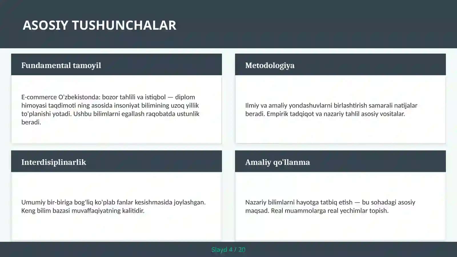 E-commerce O'ZBEKISTONDA: BOZOR TAHLILI VA ISTIQBOL — DIPLOM HIMOYASI TAQDIMOTI 4