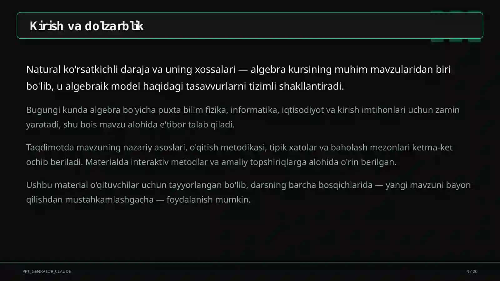 Natural ko'rsatkichli daraja va uning xossalari (7-sinf) 4