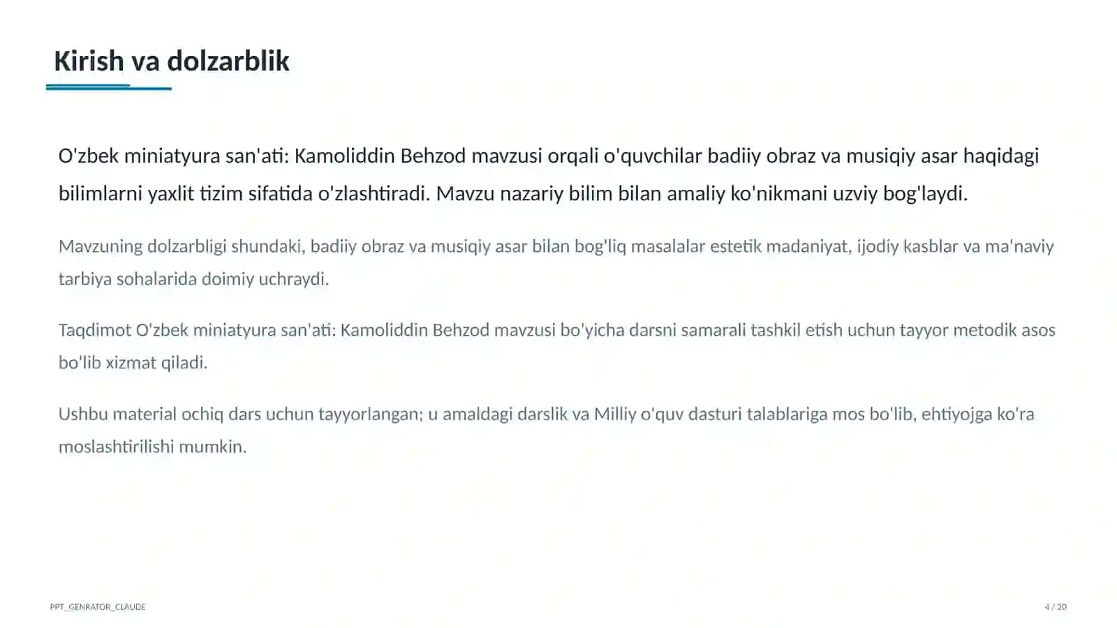 Tasviriy san'at va musiqa (1–7) — ochiq dars uchun 4