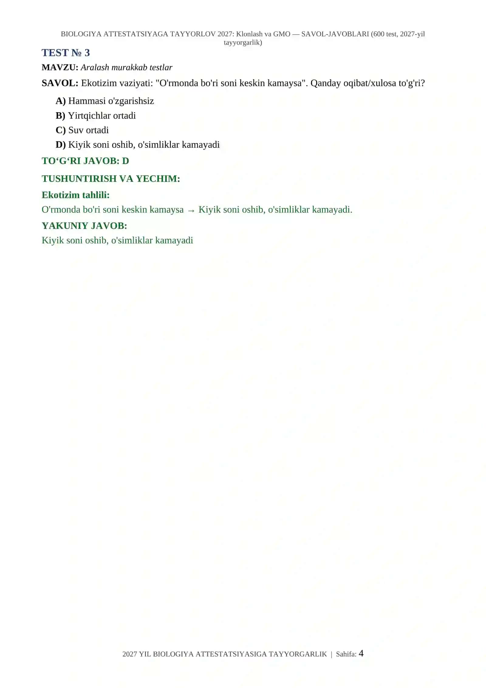 BIOLOGIYA ATTESTATSIYAGA TAYYORLOV 2027: Klonlash va GMO — SAVOL-JAVOBLARI (600 test, 2027-yil tayyorgarlik) 4