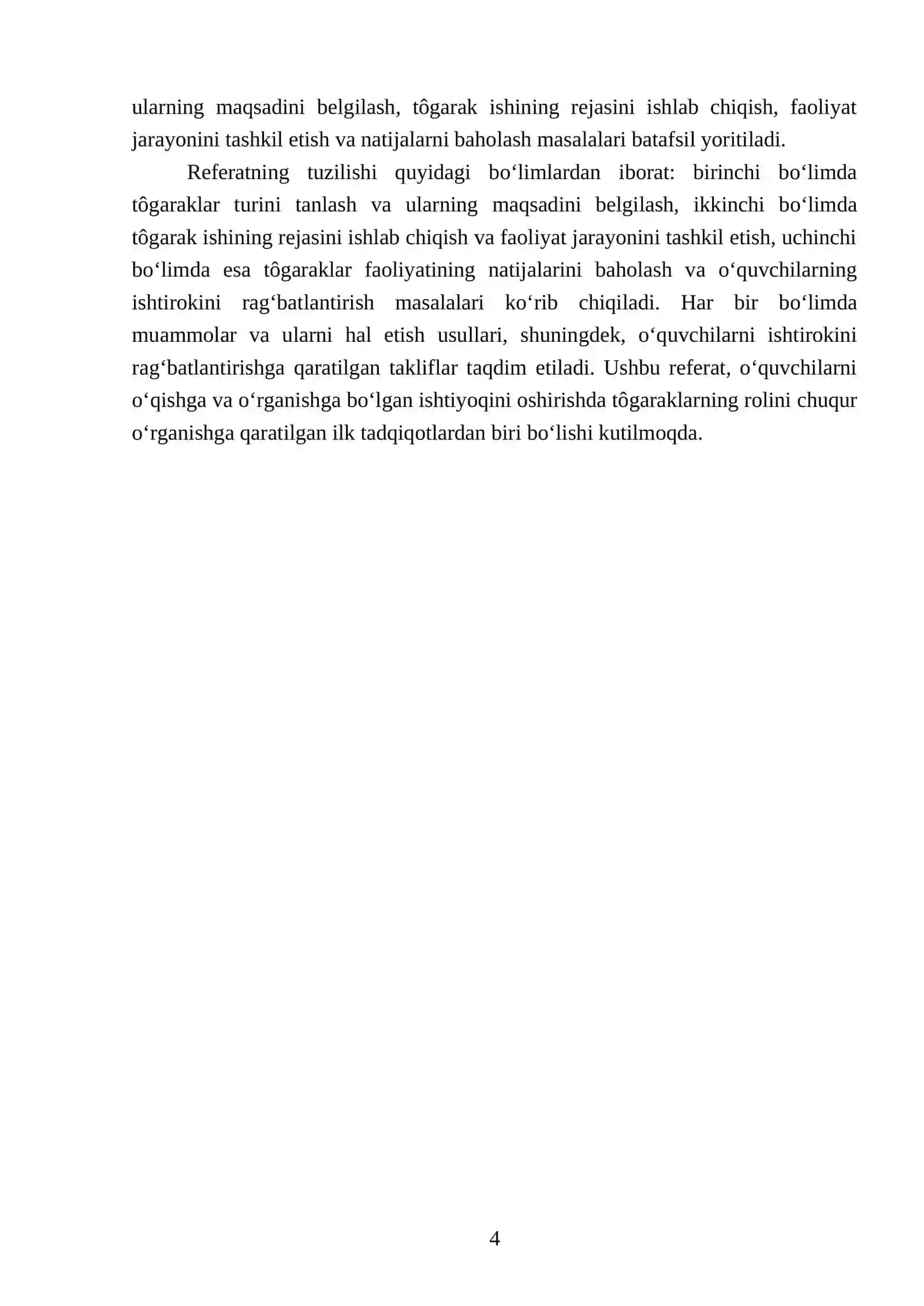 Òquvchilarni òqishga va òrganishga bòlgan ishtiyoqini oshirish uchun turli xil tògaraklar tuzishni hamda tògarak ishining rejasini ishlab chiqish 4