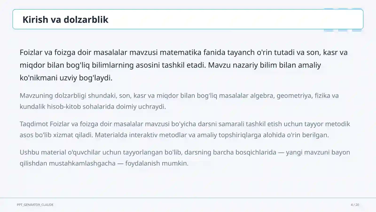 Foizlar va foizga doir masalalar (5-sinf) 4