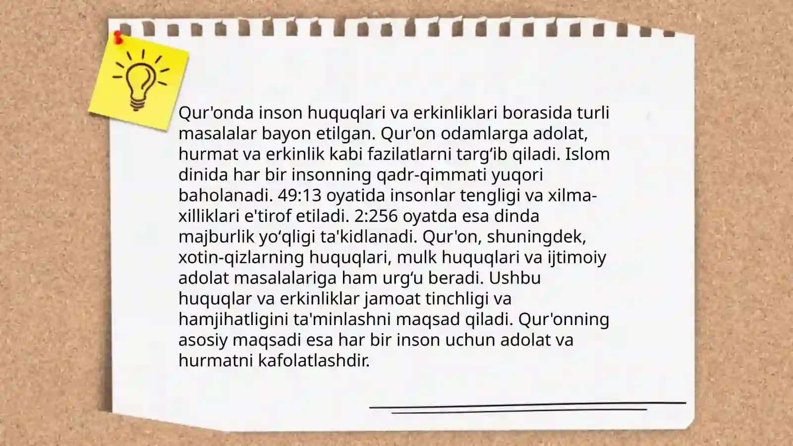Islomda inson huquq va erkinliklarini taʼminlashining oʻziga xos jihatlari mavzusida 10 ta zakus va savol tayyorlash 4