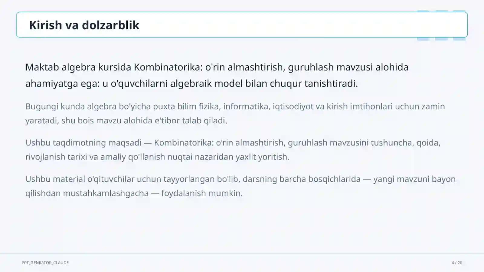 Kombinatorika: o'rin almashtirish, guruhlash (9-sinf) 4