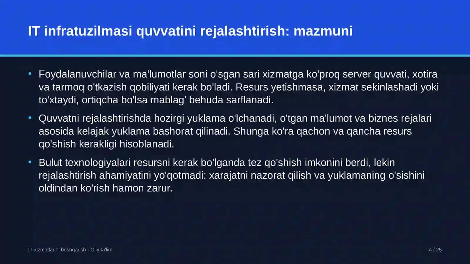 ta'mirlash pardozlash ishlarida axborot texnologiyalari infratuzilmasi quvvatini rejalashtirish 9926 4