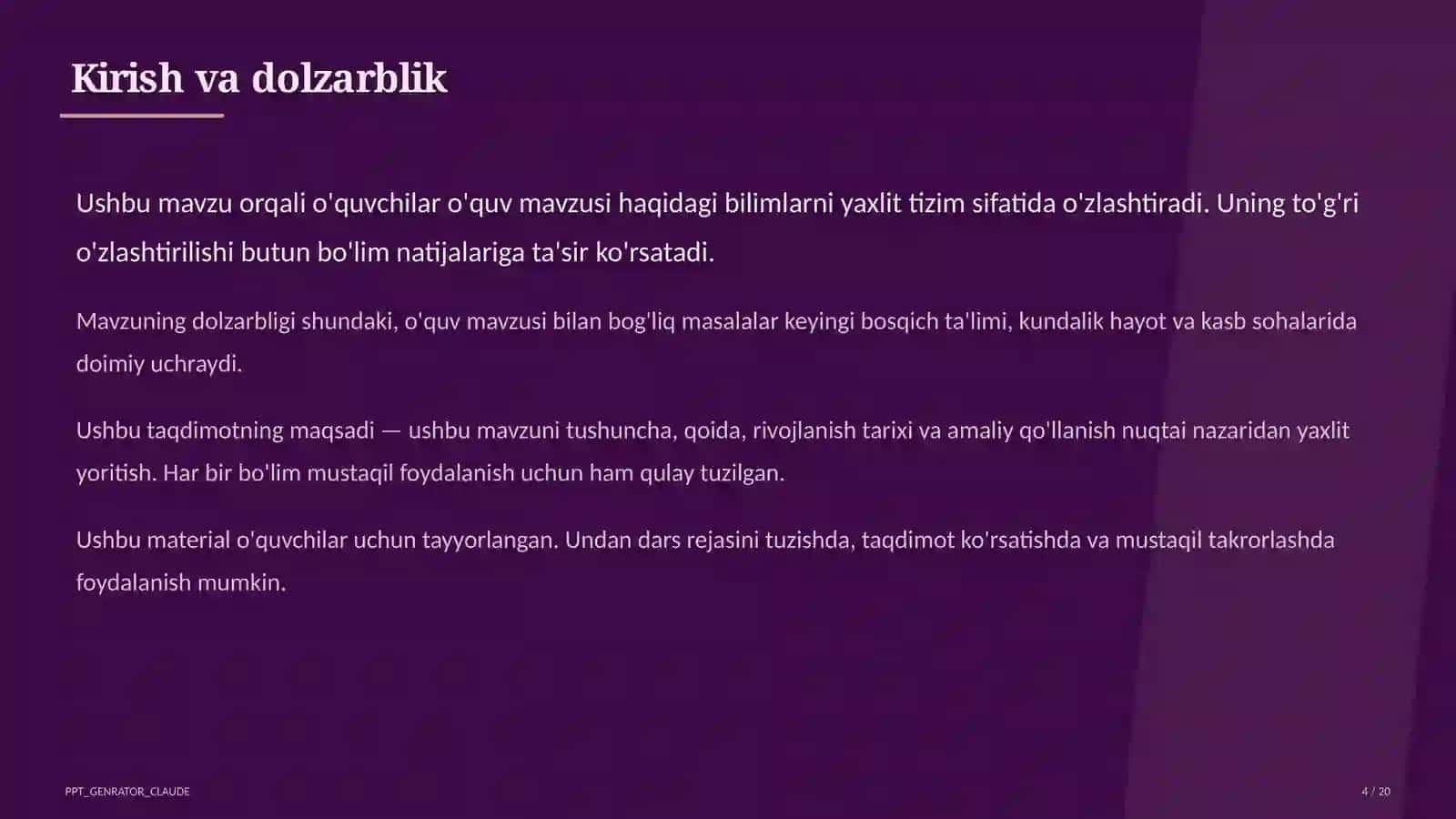 Dolzarb mavzular — maktab va o'qituvchilar (2026) — o'quvchilar uchun 4