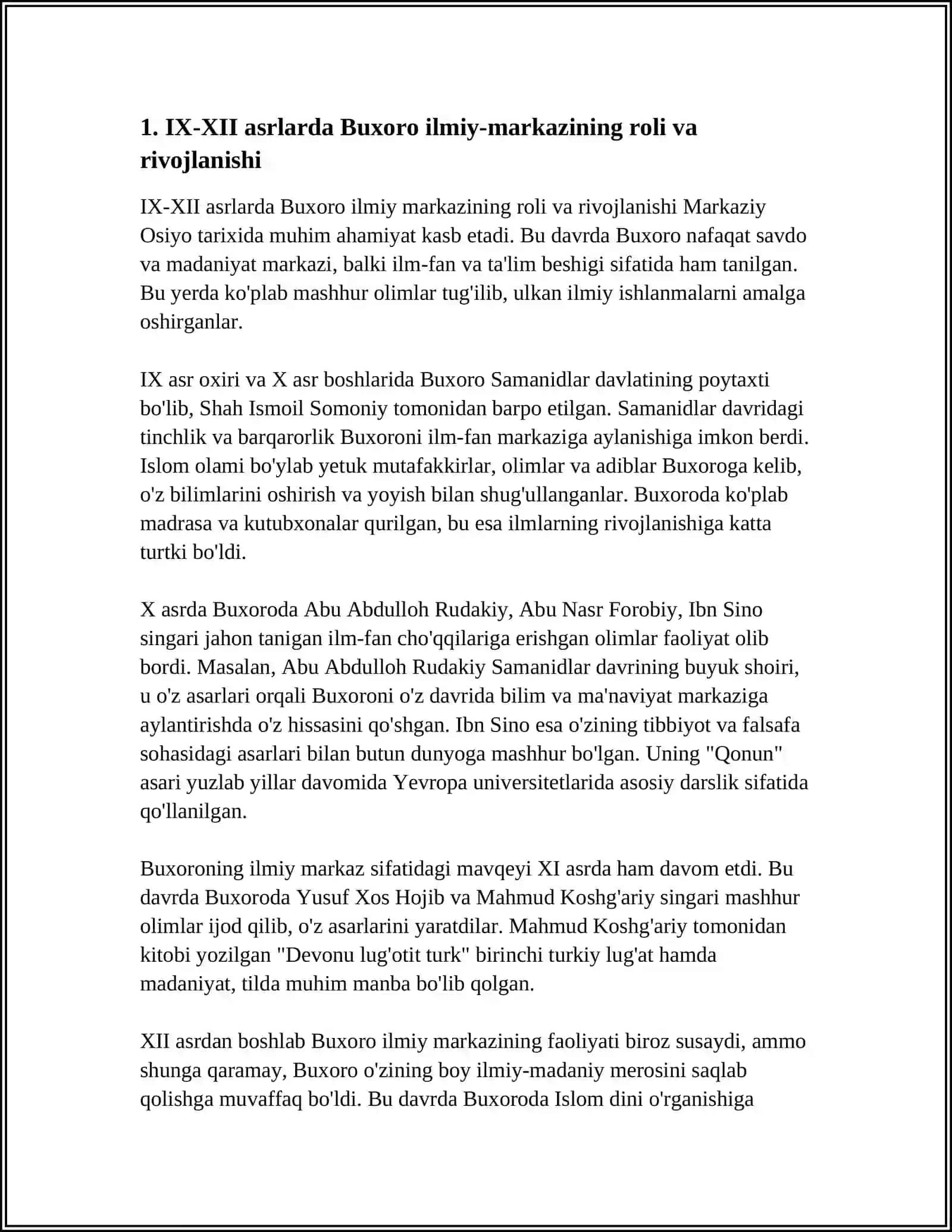 IX-XII ASRLARDA MAMLAKATIMIZ HUDUDIDA ROY BERGAN MADANIY UYGONISH.BUYUK ALLOMALARNING JAHON SIVILIZATSIYASIGA QOSHGAN HISSASI 4