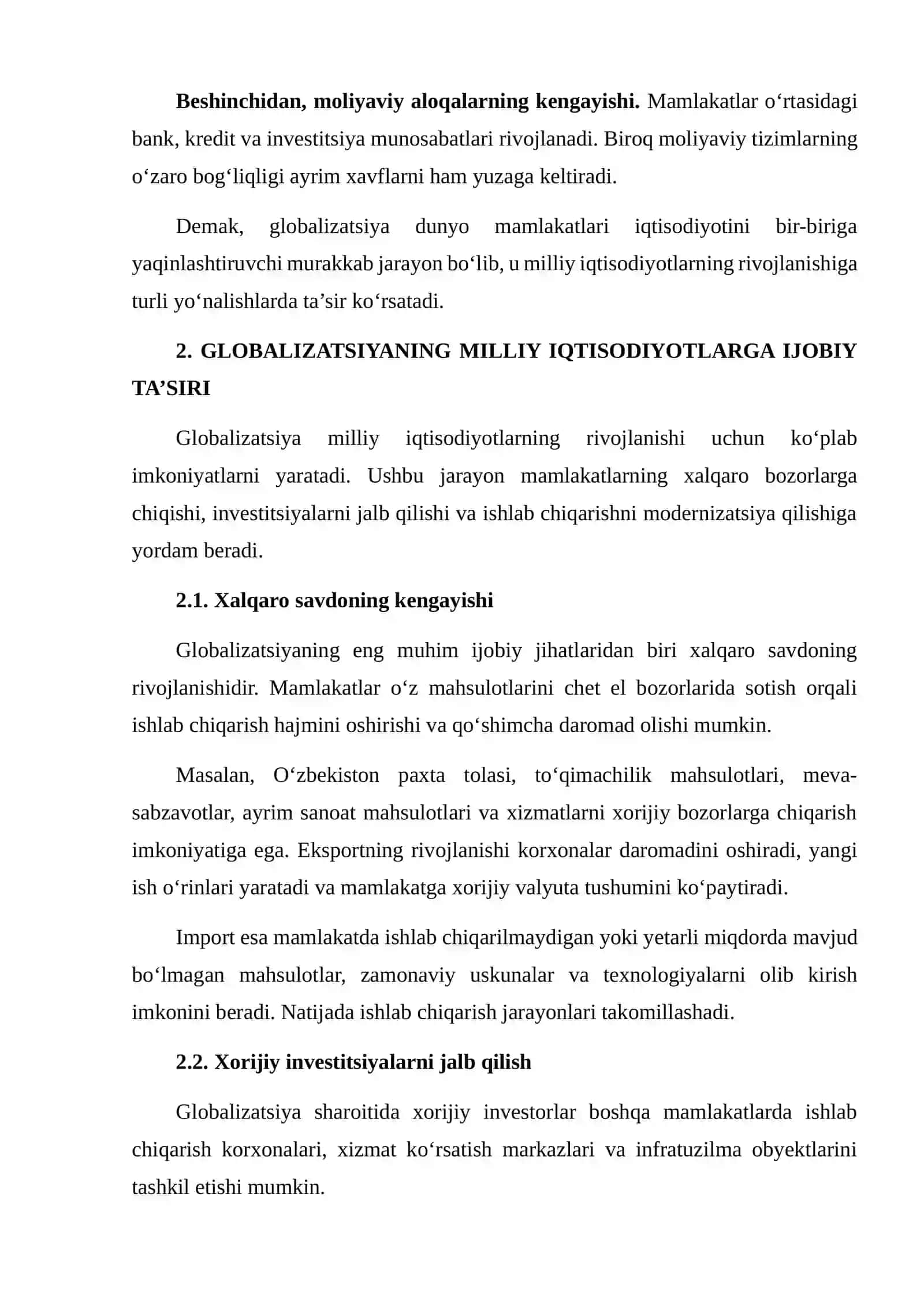 GLOBALIZATSIYA JARAYONI MILLIY IQTISODIYOTLARNING O‘ZARO BOG‘LIQLIGINI KUCHAYTIRADI 4