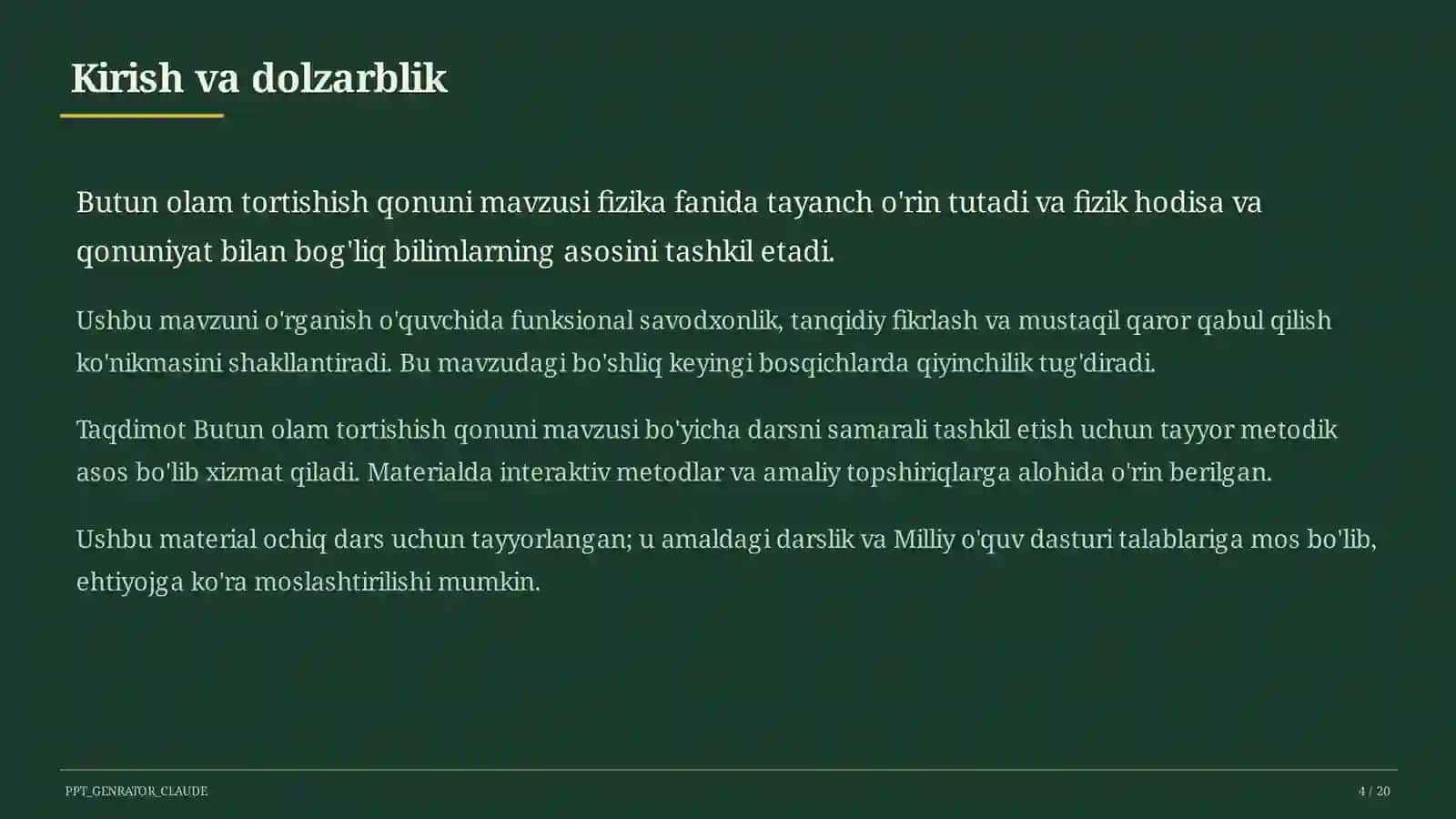 Butun olam tortishish qonuni (9-sinf) 4