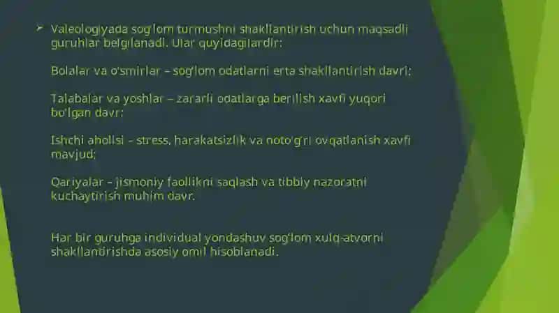 Maqsadli guruhlar va xulq-atvor omillariga ta'sir ko'rsatishning valeoilogik yondashuvi. Ma'naviy , ruhiy, jismoniy,tibbiy aspektlarva ularning standartlari 4