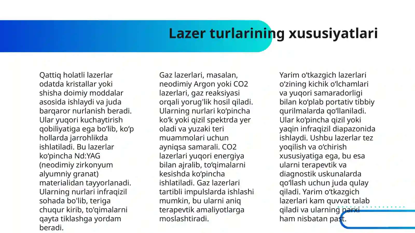 LAZER TEXNOLOGIYALARI VA ULARNING TIBBIYOTDA QO'LLANILISHI 4