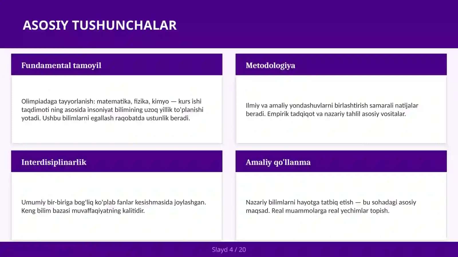 Olimpiadaga Tayyorlanish: Matematika, Fizika, Kimyo — Kurs Ishi Taqdimoti 4