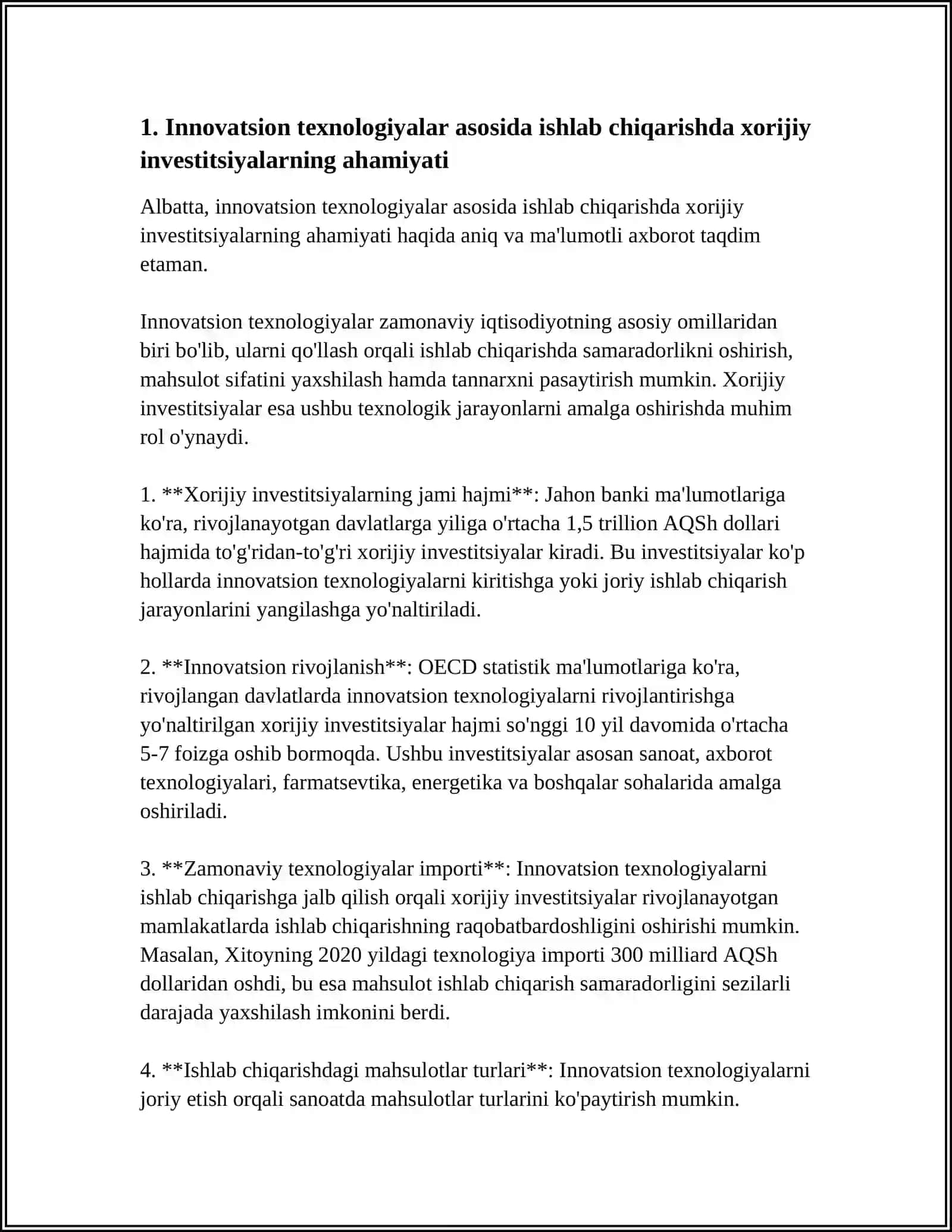 INNOVATSION TEXNOLOGIYALAR ASOSIDA ISHLAB CHIQARISH FAOLIYATI TIKLASHDA XORIJ INVESTITSIYASINI ORNI 4
