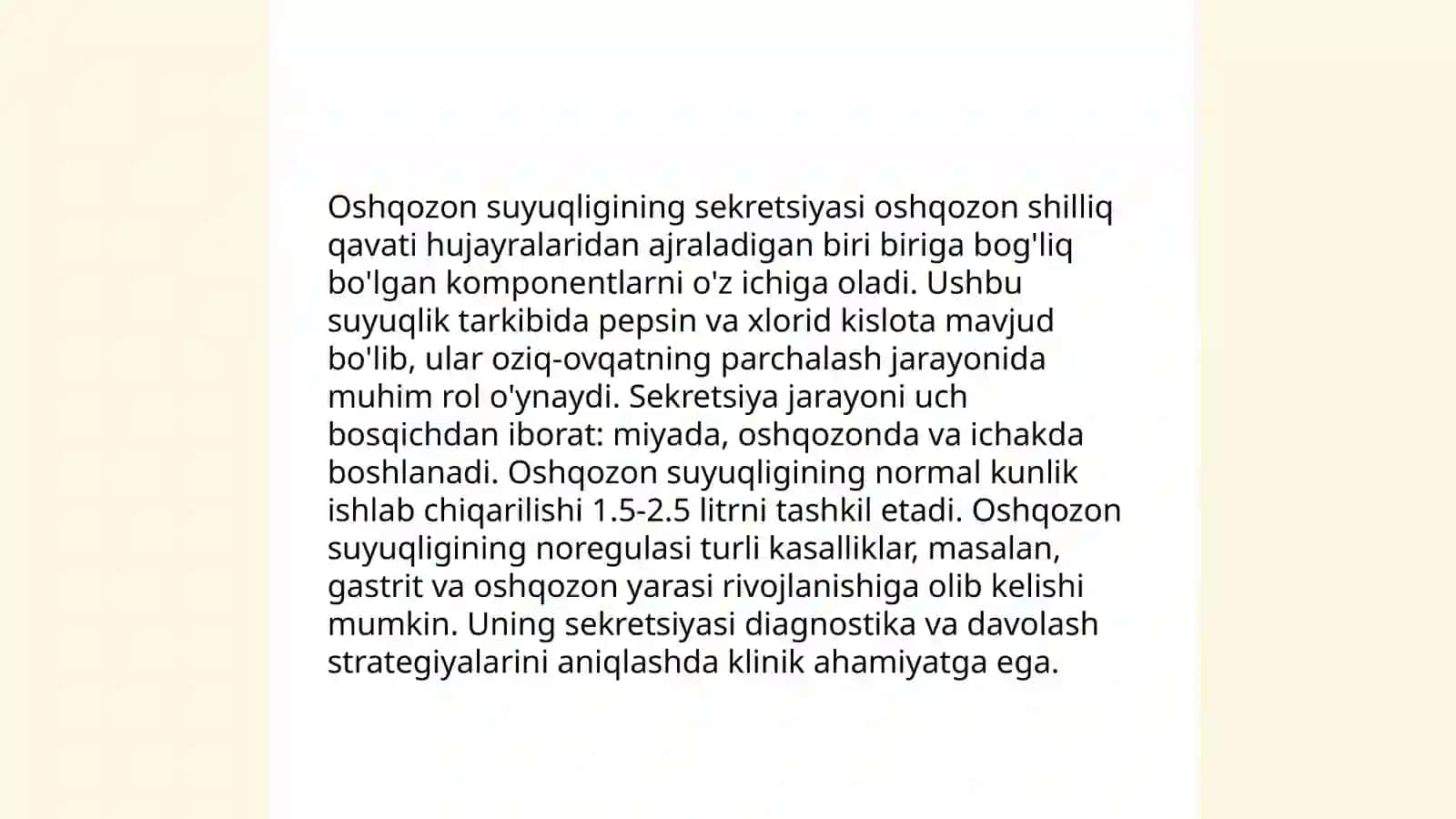 Oshqozon suyuqlig’i tashxisining klinik ahamiyati. Giperasid holatlarda va oshqozon-ichak yara kasalliklarida antasid preparatlarni qo’llashning biokimyoviy asoslari. Parenteral ovqatlanish va uni klinik ahamiyati. O’tkir pankreatit kelib chiqishi va davolashning biokimyoviy asoslari 4