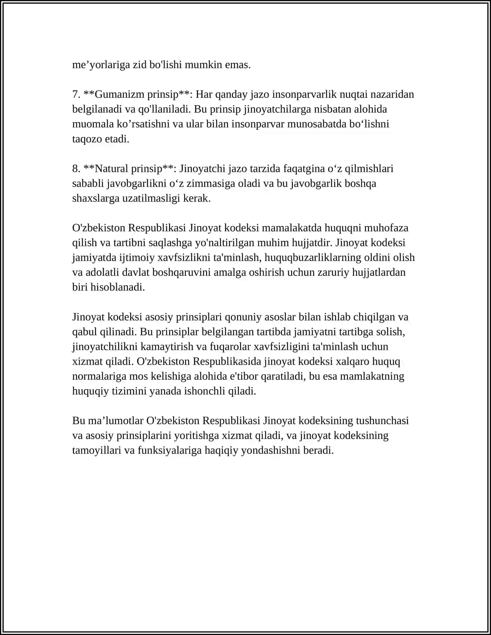 JINOYAT KODEKSNING PRINSIPLARI VA ULARNING MAZMUN-MOHIYATI. JAVOBGARLIKNING MUQARRARLIGI PRINSIPI 4