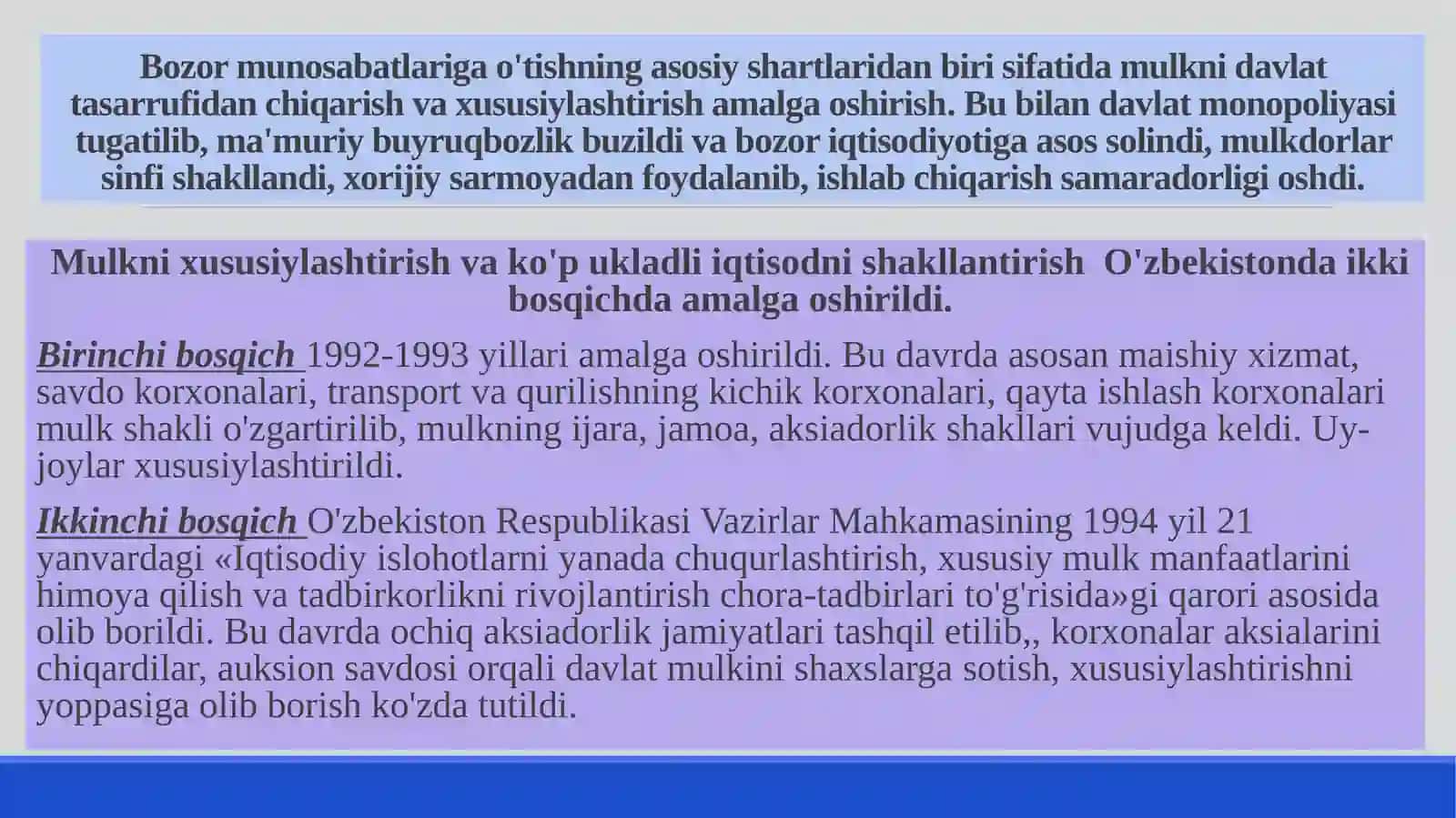 O‘zbekistonda iqtisodiy islohotlarning amalga oshirilishi, bozor munosabatlarining shakllanishi 4