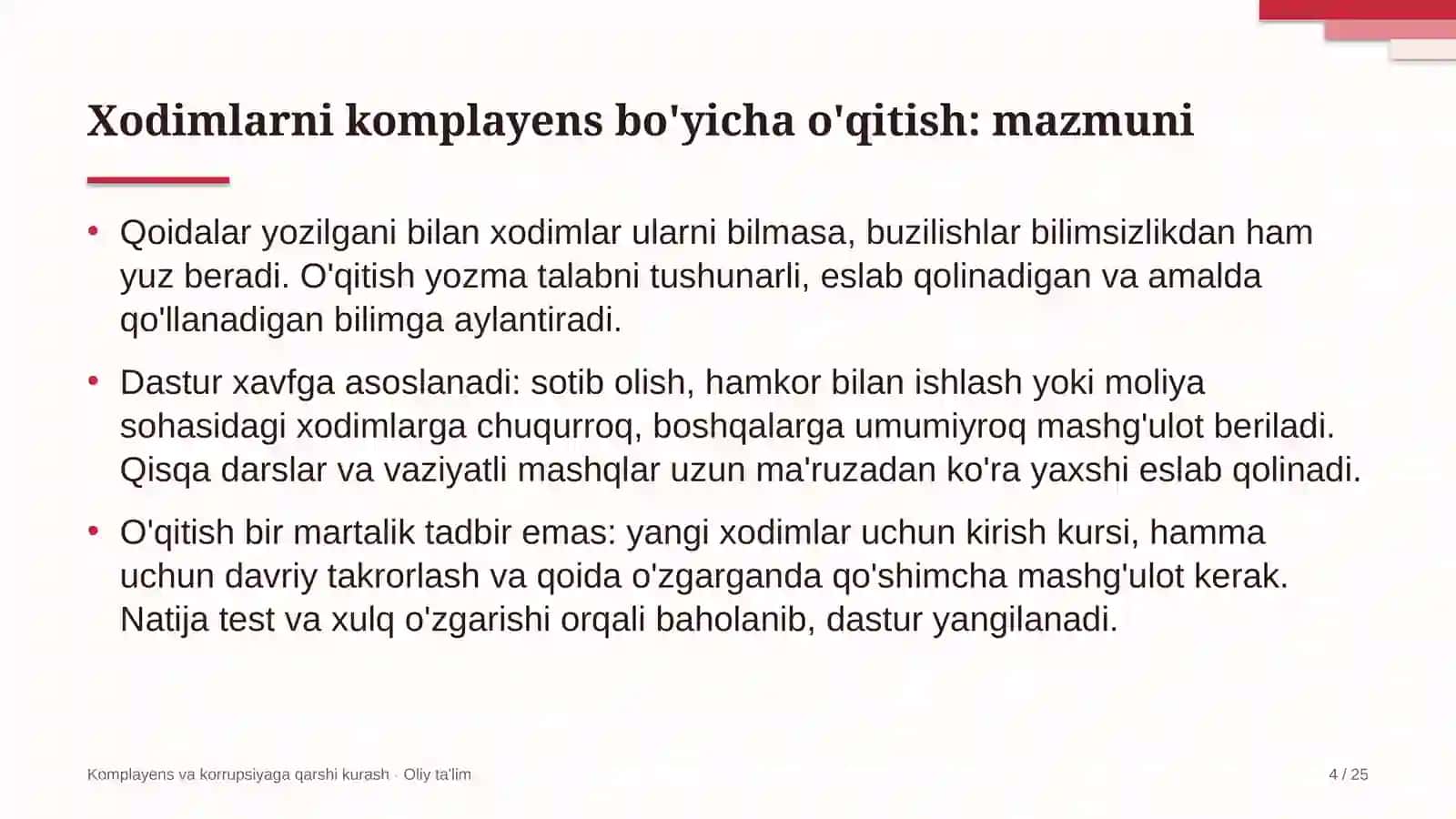Xodimlarni komplayens bo'yicha o'qitish 4