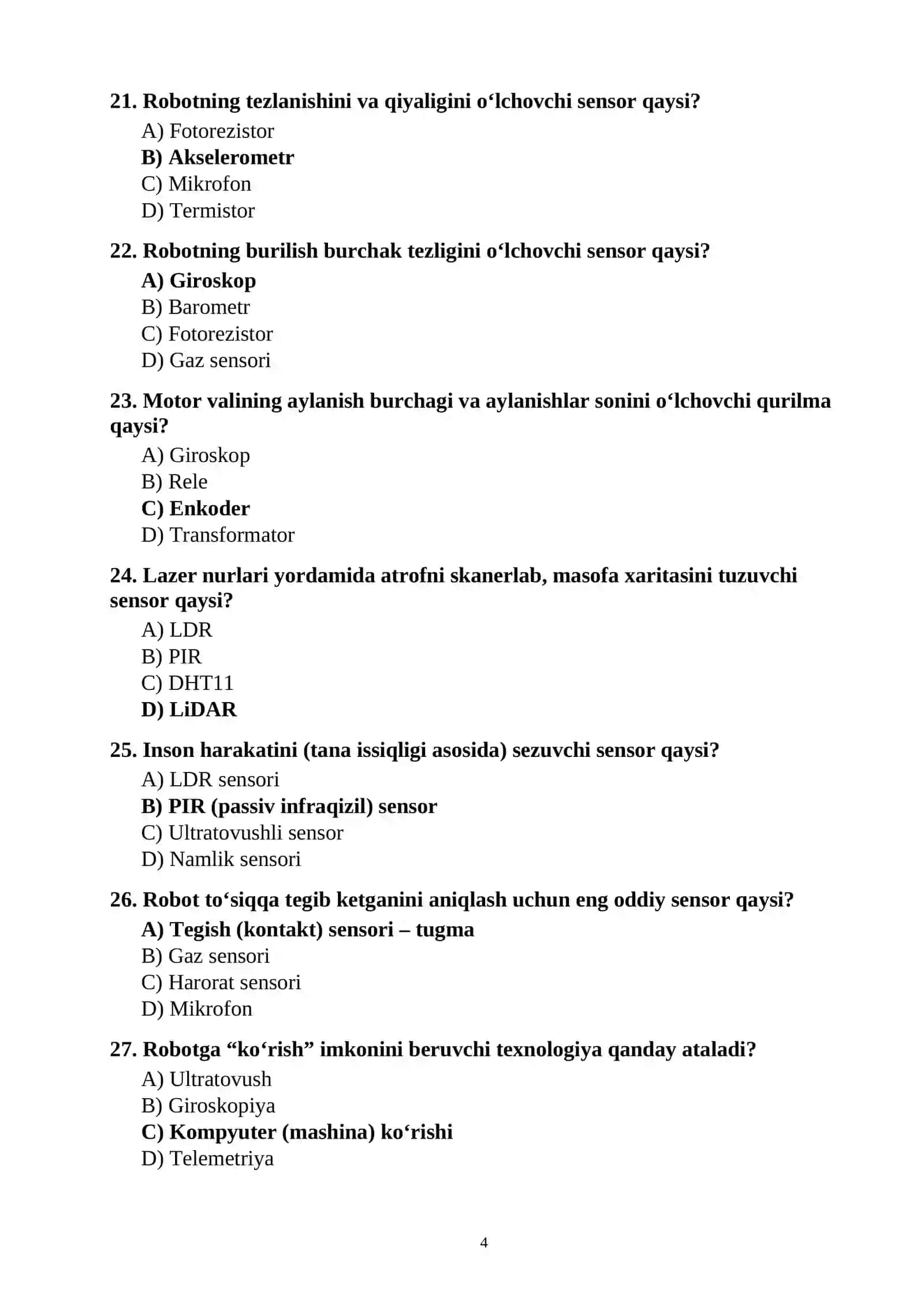 Robototexnika fanidan 100 ta test savollari javoblari bilan 4