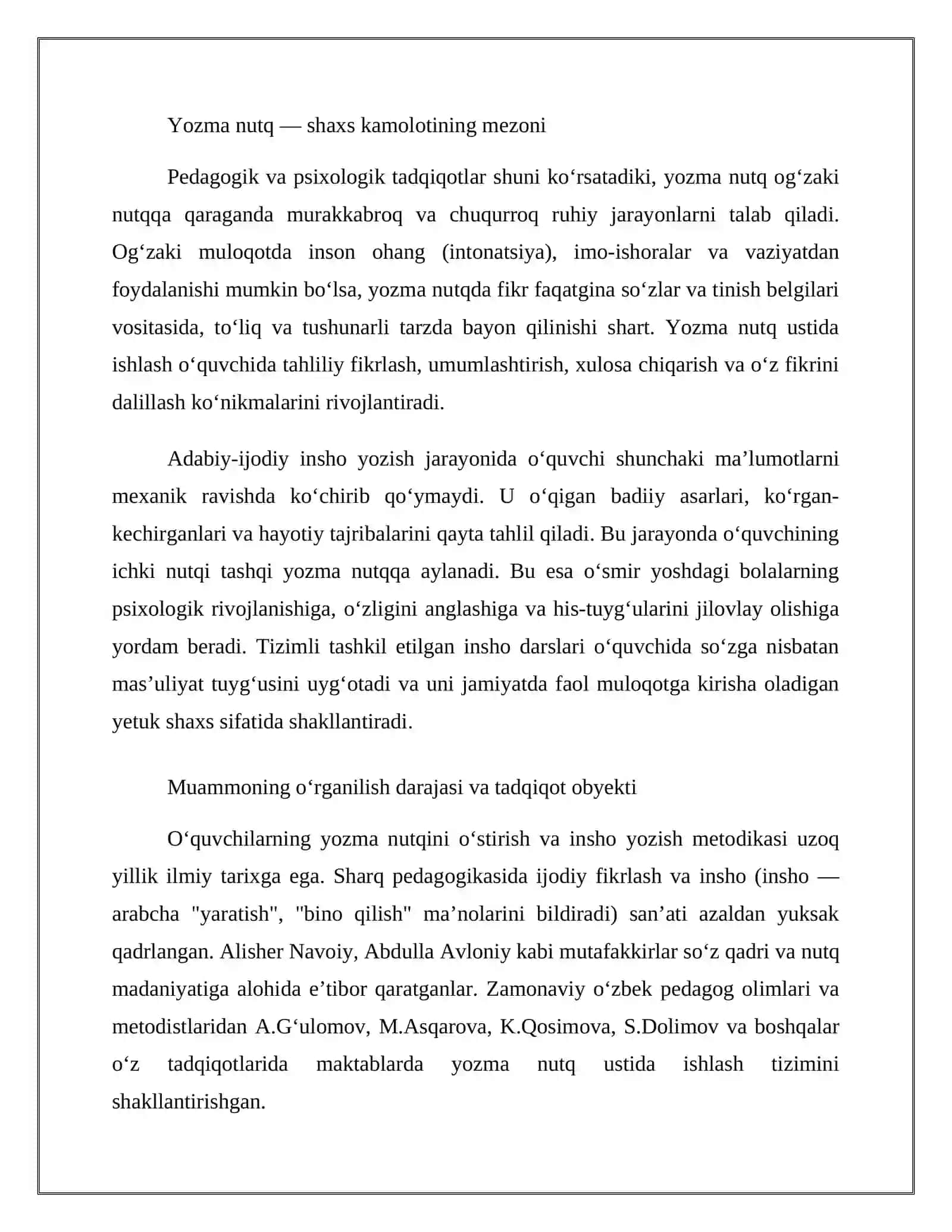 "O‘zbek adabiyotini o’qitish metodikasi" fanidan ‘‘ O‘quvchilar yozma nutqini o‘stirishda adabiy-ijodiy inshoning o‘rni” 4